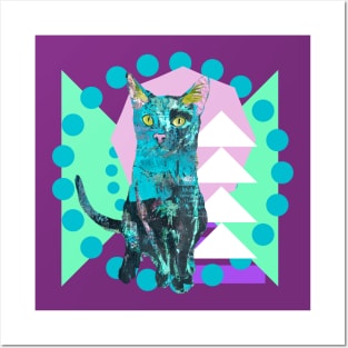 Geometric Black Newsprint Art Kitty Cat Posters and Art